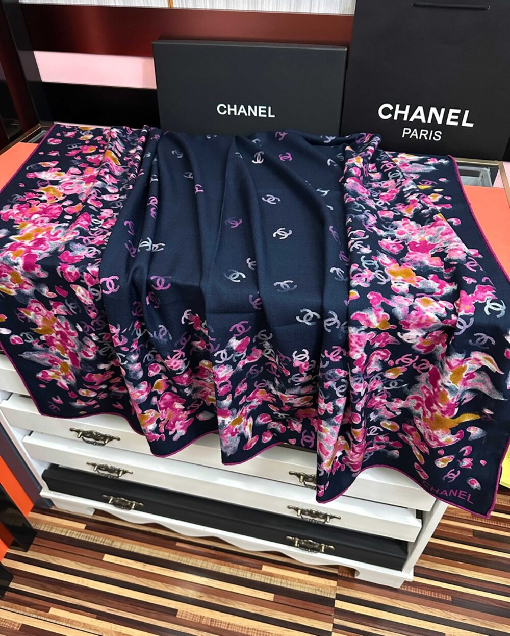 Chanel Watercolor Flower Print Large Square Scarf Navy Multi‑Color - Picture 7 of 8